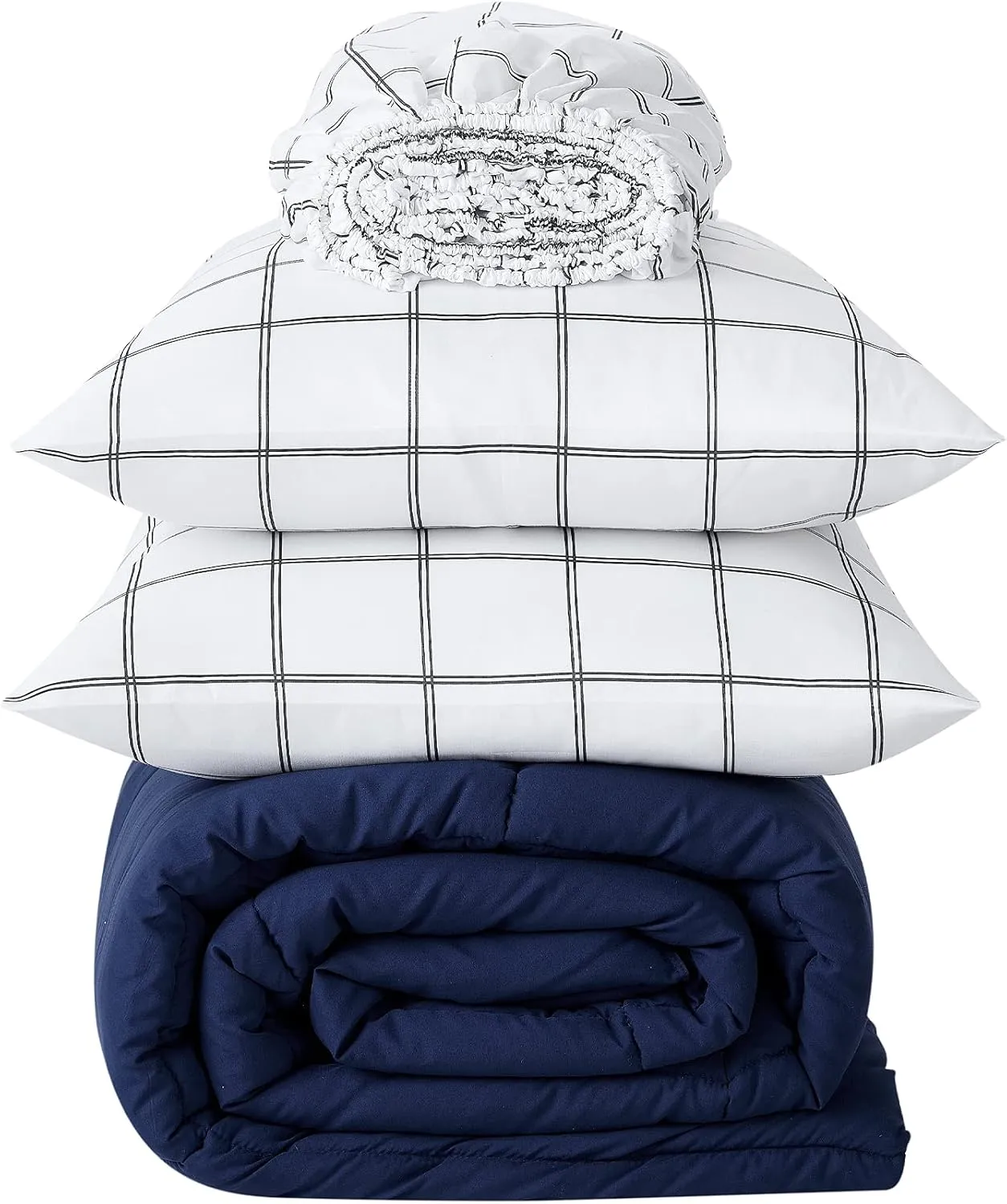 Serta Simply Clean Complete 7 Piece Hypoallergenic Reversible Bed in a Bag with Sheets and Pillow Cases for All Season, Queen, Navy/Grey