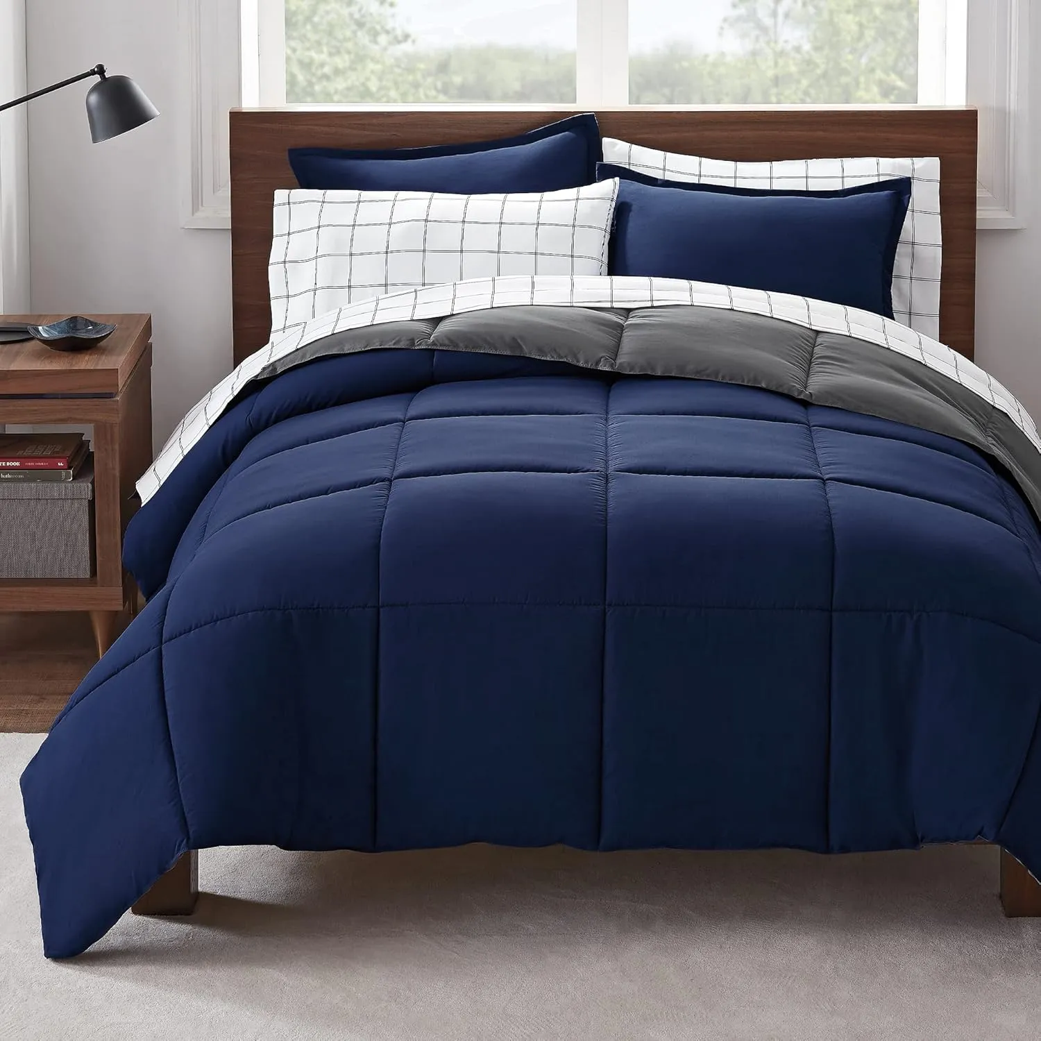 Serta Simply Clean Complete 7 Piece Hypoallergenic Reversible Bed in a Bag with Sheets and Pillow Cases for All Season, Queen, Navy/Grey