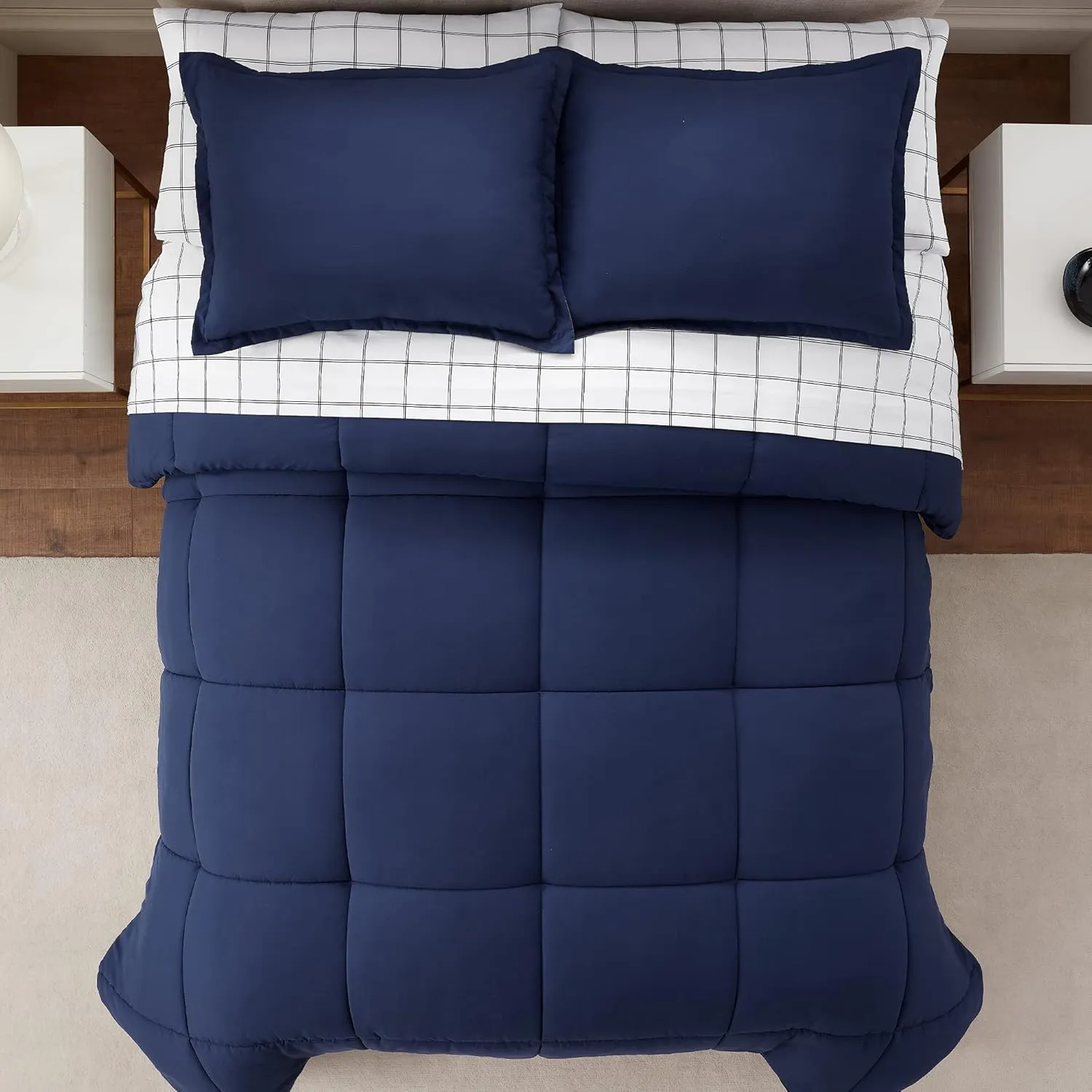 Serta Simply Clean Complete 7 Piece Hypoallergenic Reversible Bed in a Bag with Sheets and Pillow Cases for All Season, Queen, Navy/Grey