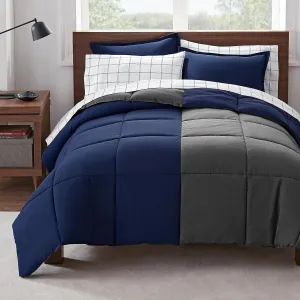 Serta Simply Clean Complete 7 Piece Hypoallergenic Reversible Bed in a Bag with Sheets and Pillow Cases for All Season, Queen, Navy/Grey