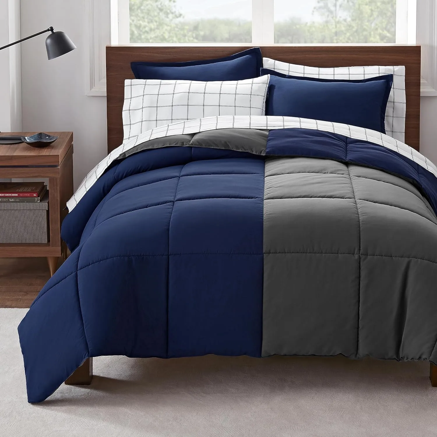 Serta Simply Clean Complete 7 Piece Hypoallergenic Reversible Bed in a Bag with Sheets and Pillow Cases for All Season, Queen, Navy/Grey