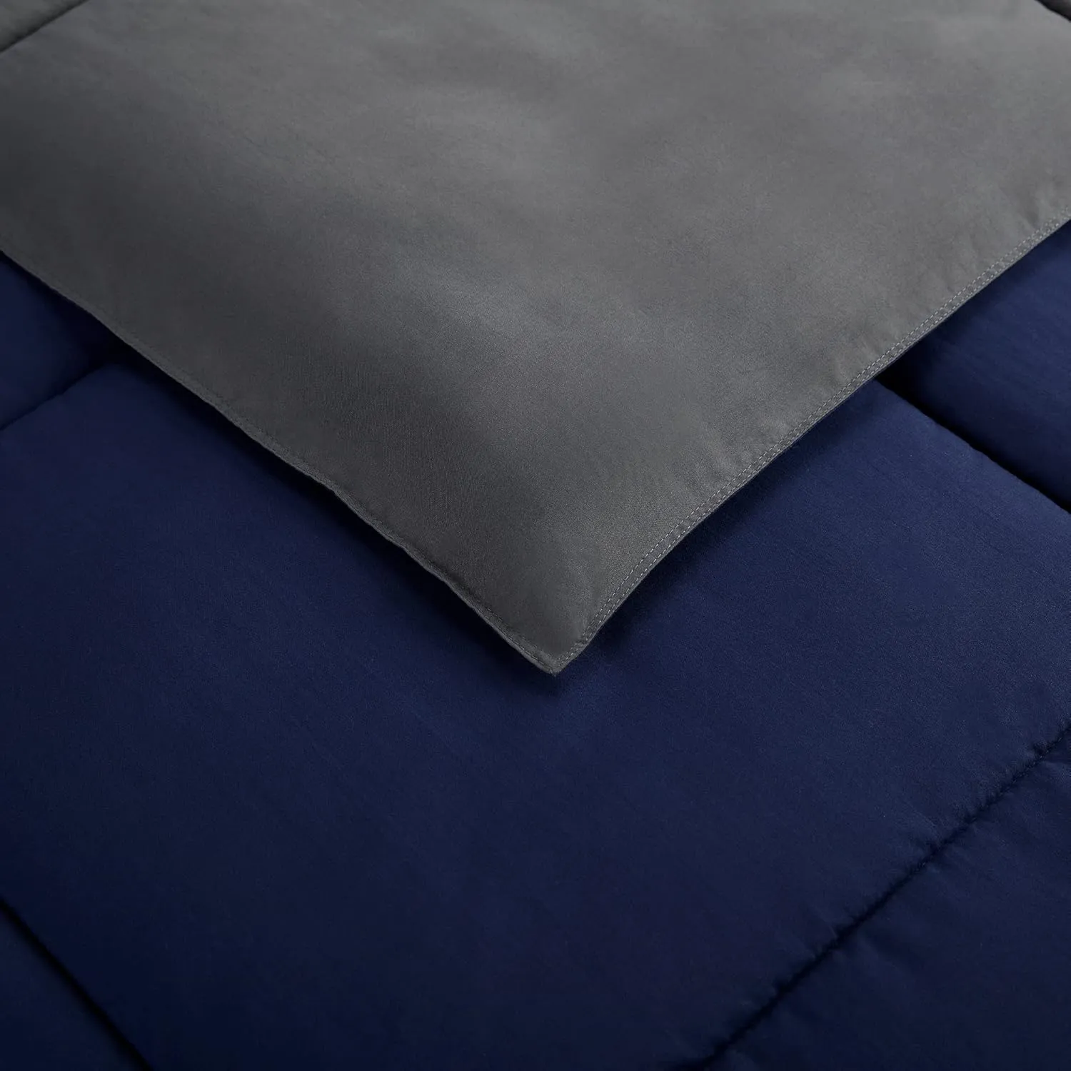 Serta Simply Clean Complete 7 Piece Hypoallergenic Reversible Bed in a Bag with Sheets and Pillow Cases for All Season, Queen, Navy/Grey