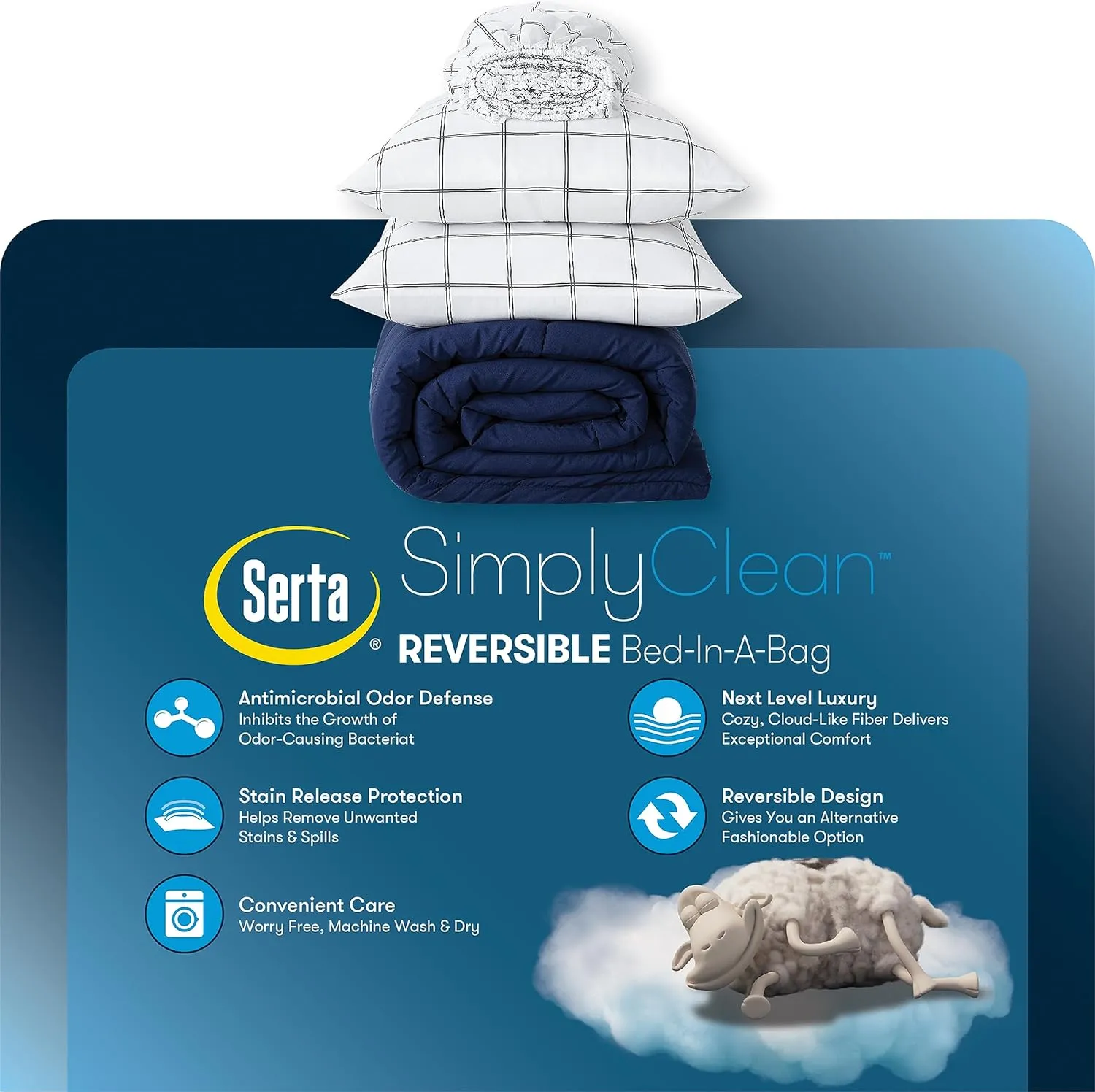 Serta Simply Clean Complete 7 Piece Hypoallergenic Reversible Bed in a Bag with Sheets and Pillow Cases for All Season, Queen, Navy/Grey