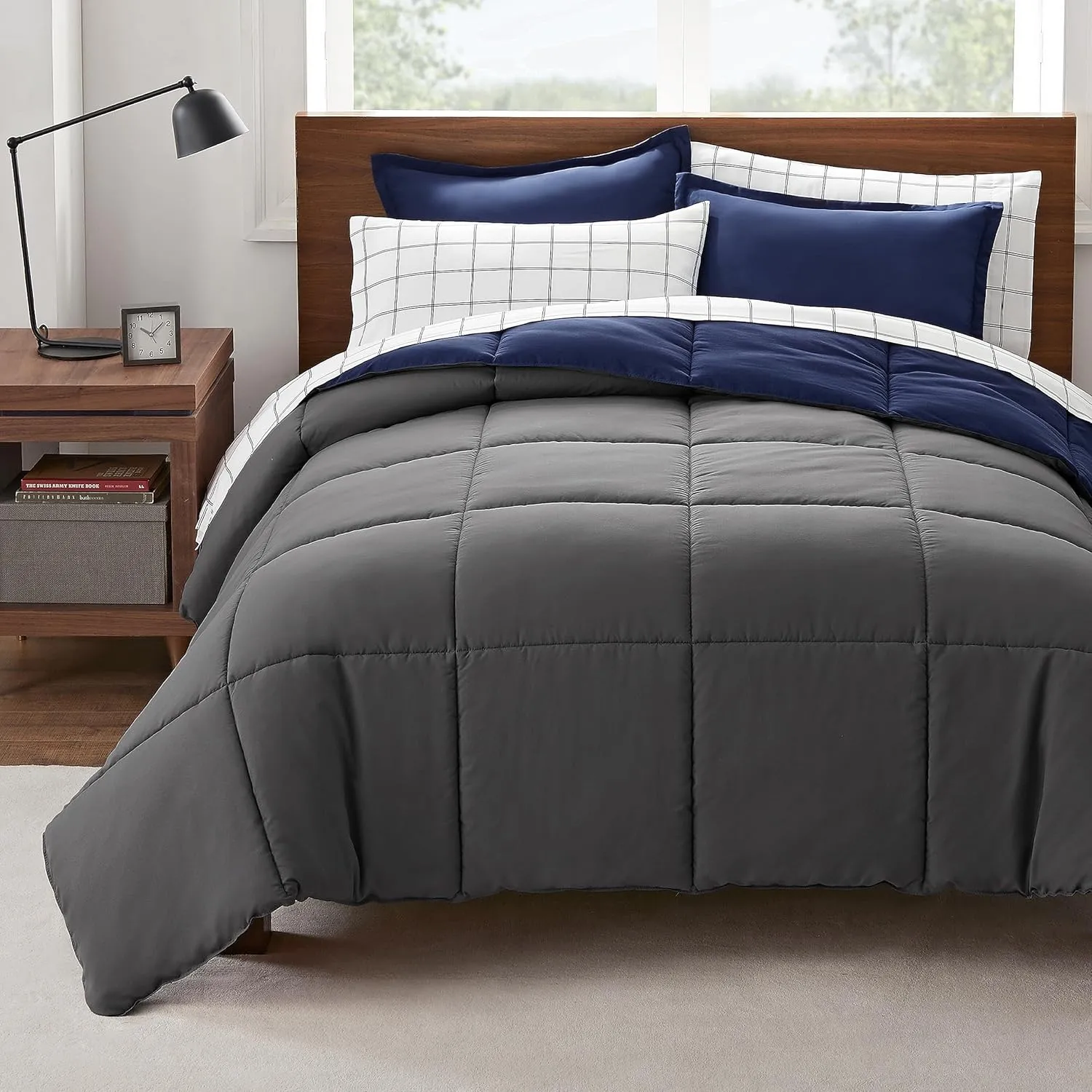 Serta Simply Clean Complete 7 Piece Hypoallergenic Reversible Bed in a Bag with Sheets and Pillow Cases for All Season, Queen, Navy/Grey