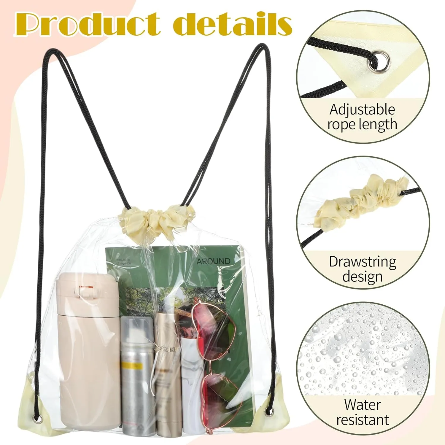 Shappy 30 Pieces Clear Drawstring Backpack, Plastic Waterproof Transparent Stadium Bags String Bag for Gym Travel(Beige)