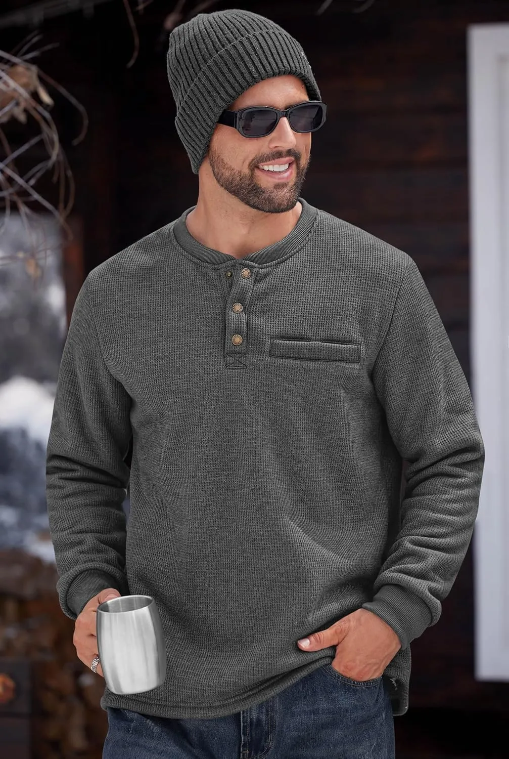Sherpa Lined Waffle Henley for Men Long Sleeve Thermal Casual Winter Pullover (S-XXL)