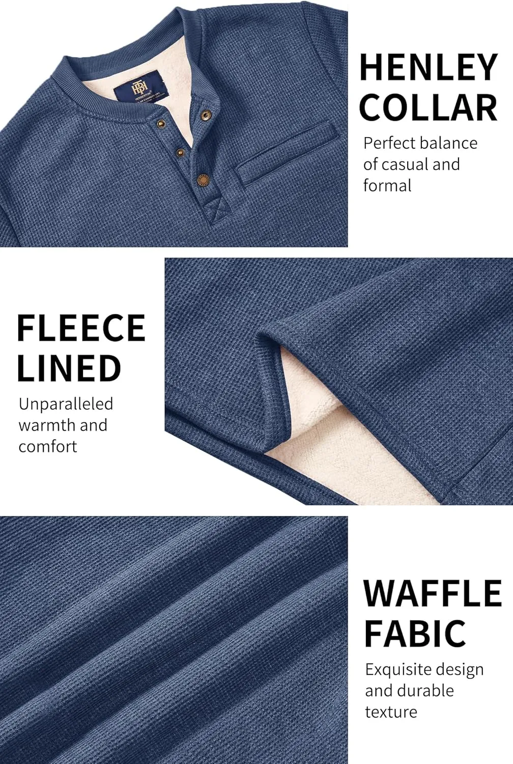 Sherpa Lined Waffle Henley for Men Long Sleeve Thermal Casual Winter Pullover (S-XXL)