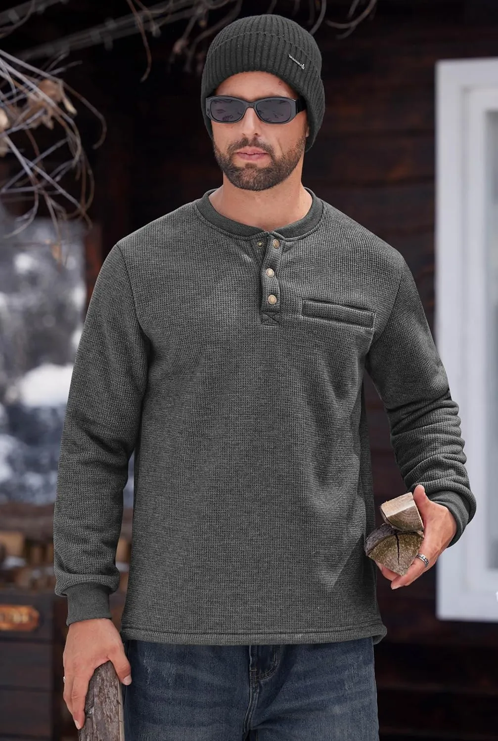 Sherpa Lined Waffle Henley for Men Long Sleeve Thermal Casual Winter Pullover (S-XXL)