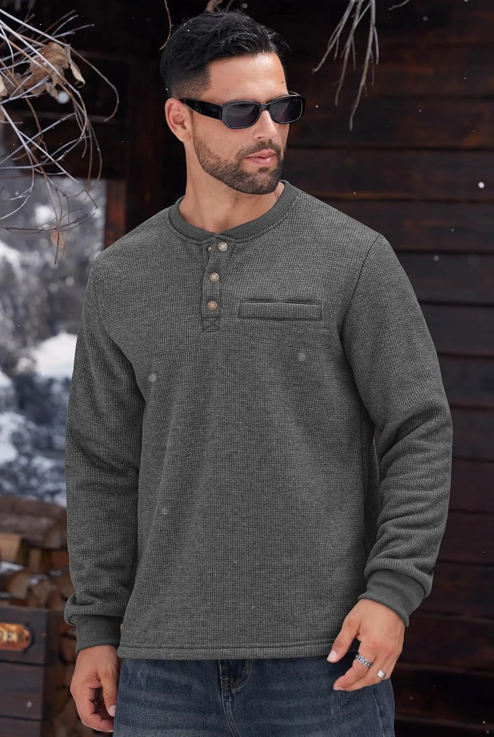 Sherpa Lined Waffle Henley for Men Long Sleeve Thermal Casual Winter Pullover (S-XXL)