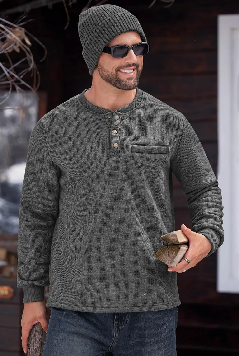 Sherpa Lined Waffle Henley for Men Long Sleeve Thermal Casual Winter Pullover (S-XXL)
