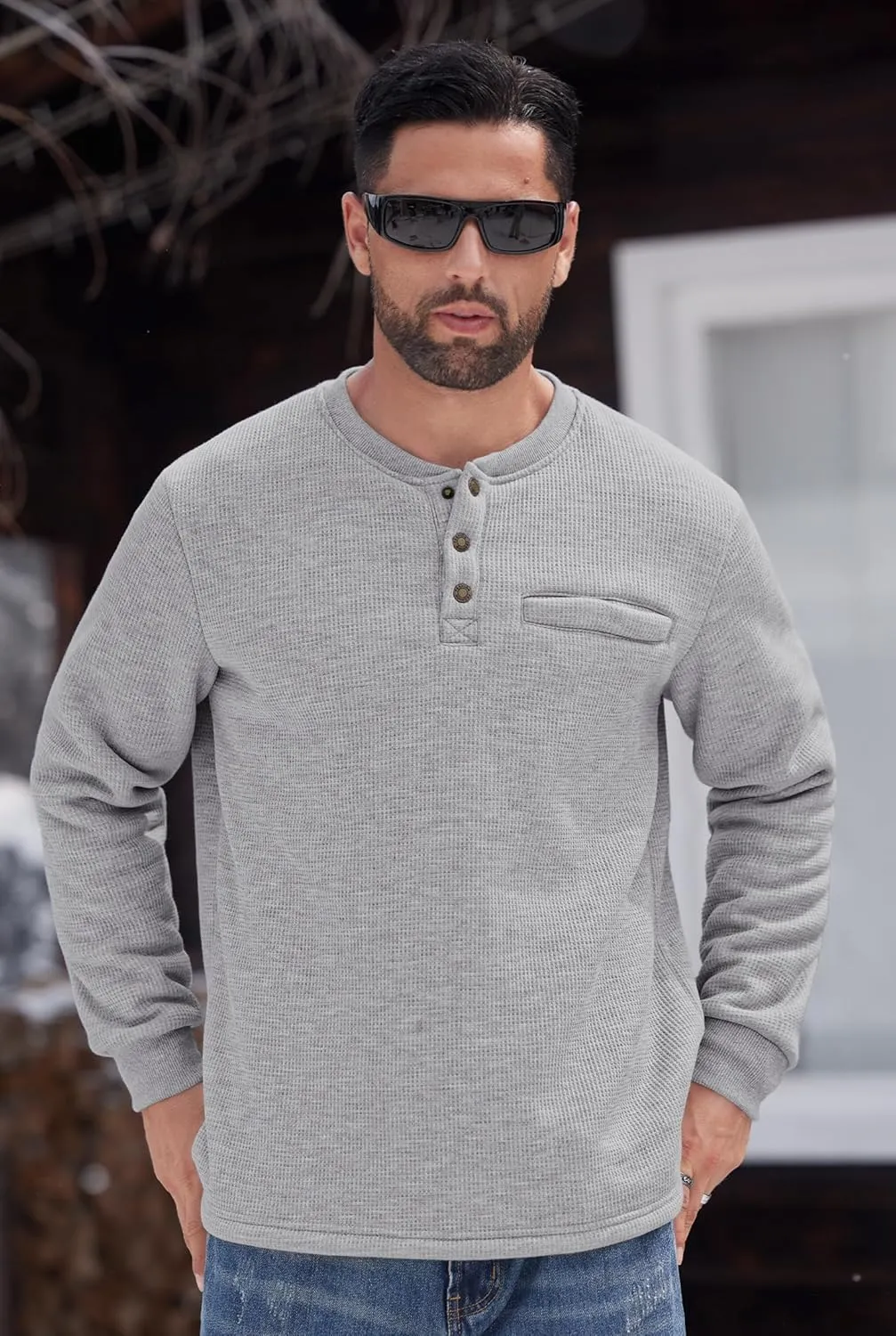 Sherpa Lined Waffle Henley for Men Long Sleeve Thermal Casual Winter Pullover (S-XXL)