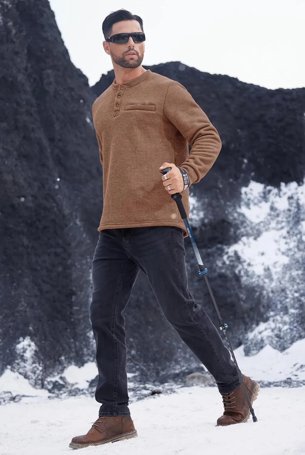 Sherpa Lined Waffle Henley for Men Long Sleeve Thermal Casual Winter Pullover (S-XXL)