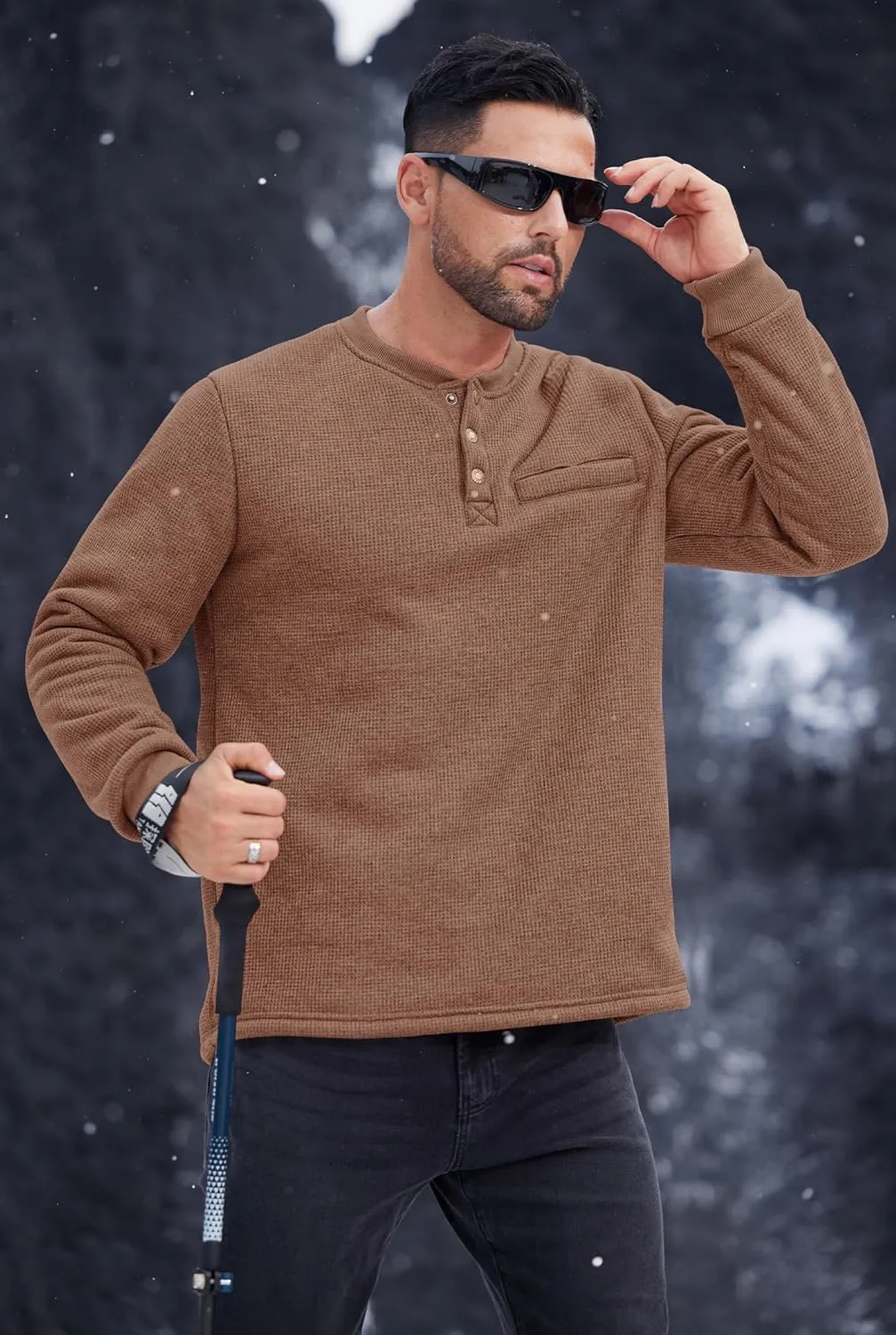 Sherpa Lined Waffle Henley for Men Long Sleeve Thermal Casual Winter Pullover (S-XXL)