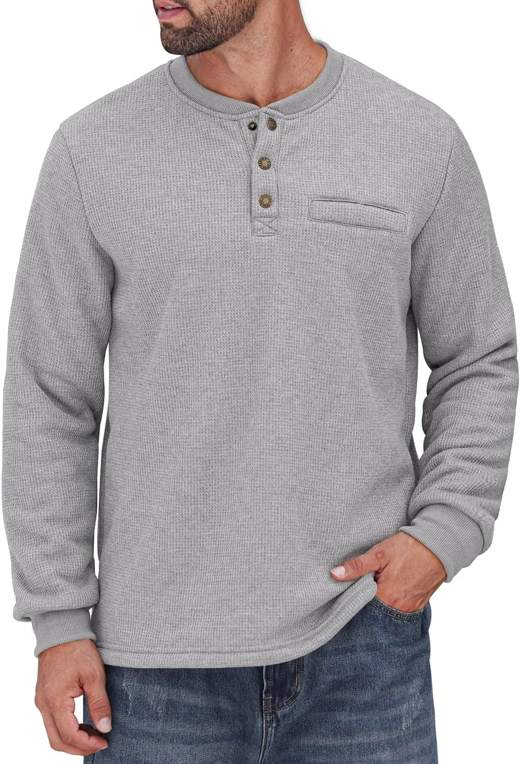 Sherpa Lined Waffle Henley for Men Long Sleeve Thermal Casual Winter Pullover (S-XXL)