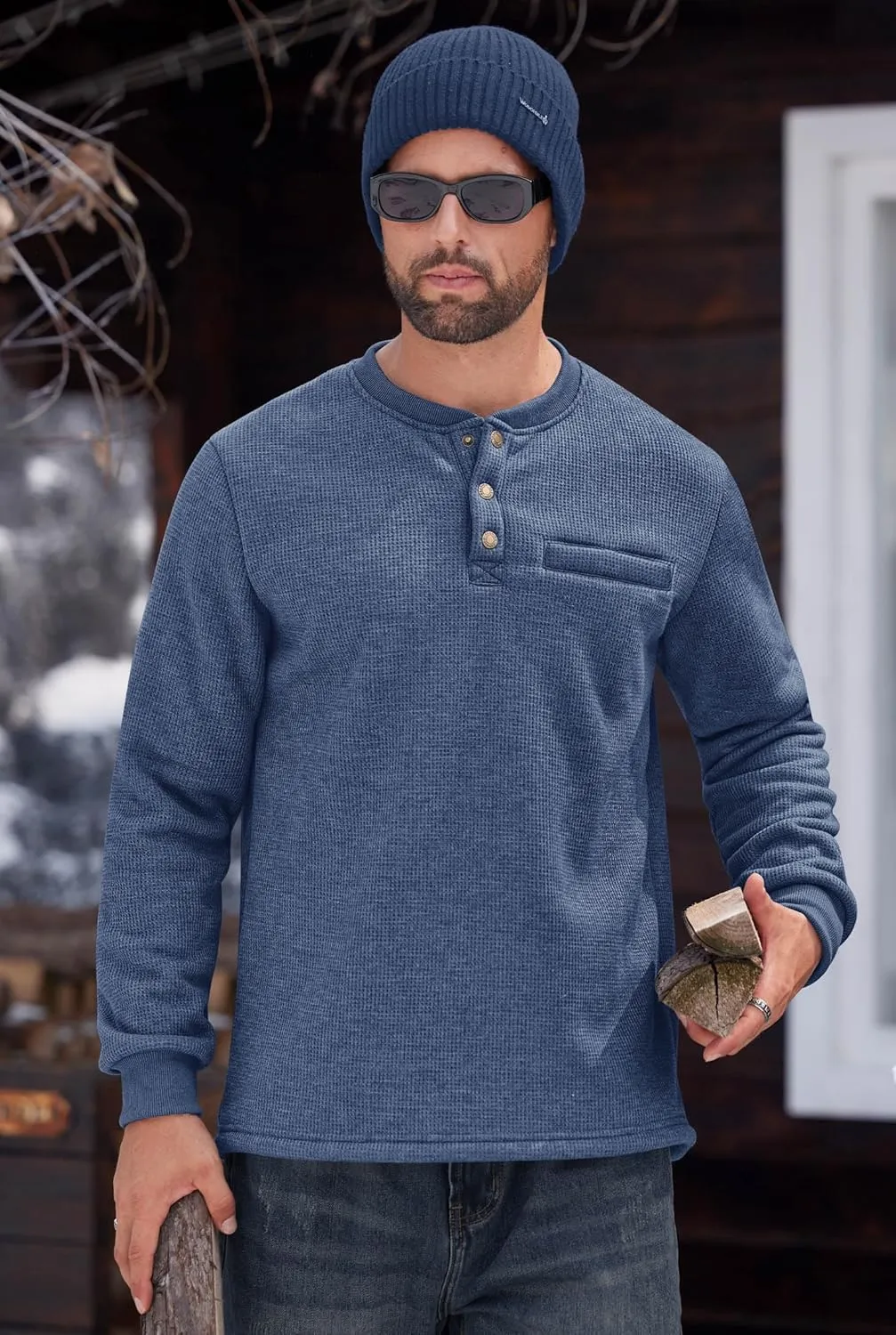 Sherpa Lined Waffle Henley for Men Long Sleeve Thermal Casual Winter Pullover (S-XXL)