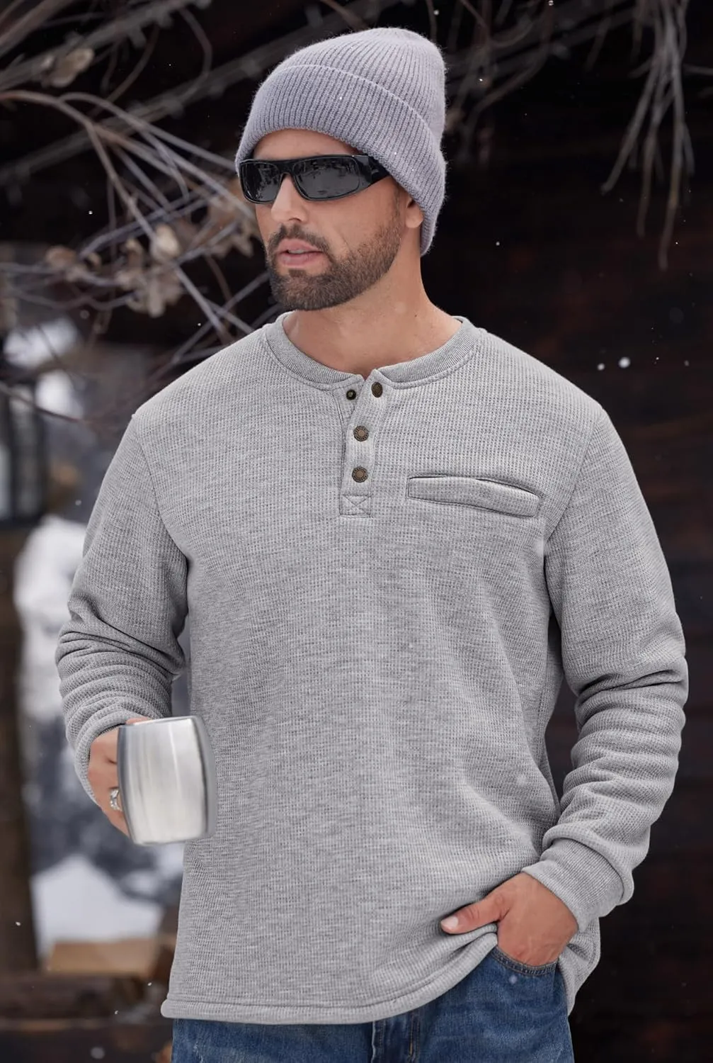 Sherpa Lined Waffle Henley for Men Long Sleeve Thermal Casual Winter Pullover (S-XXL)