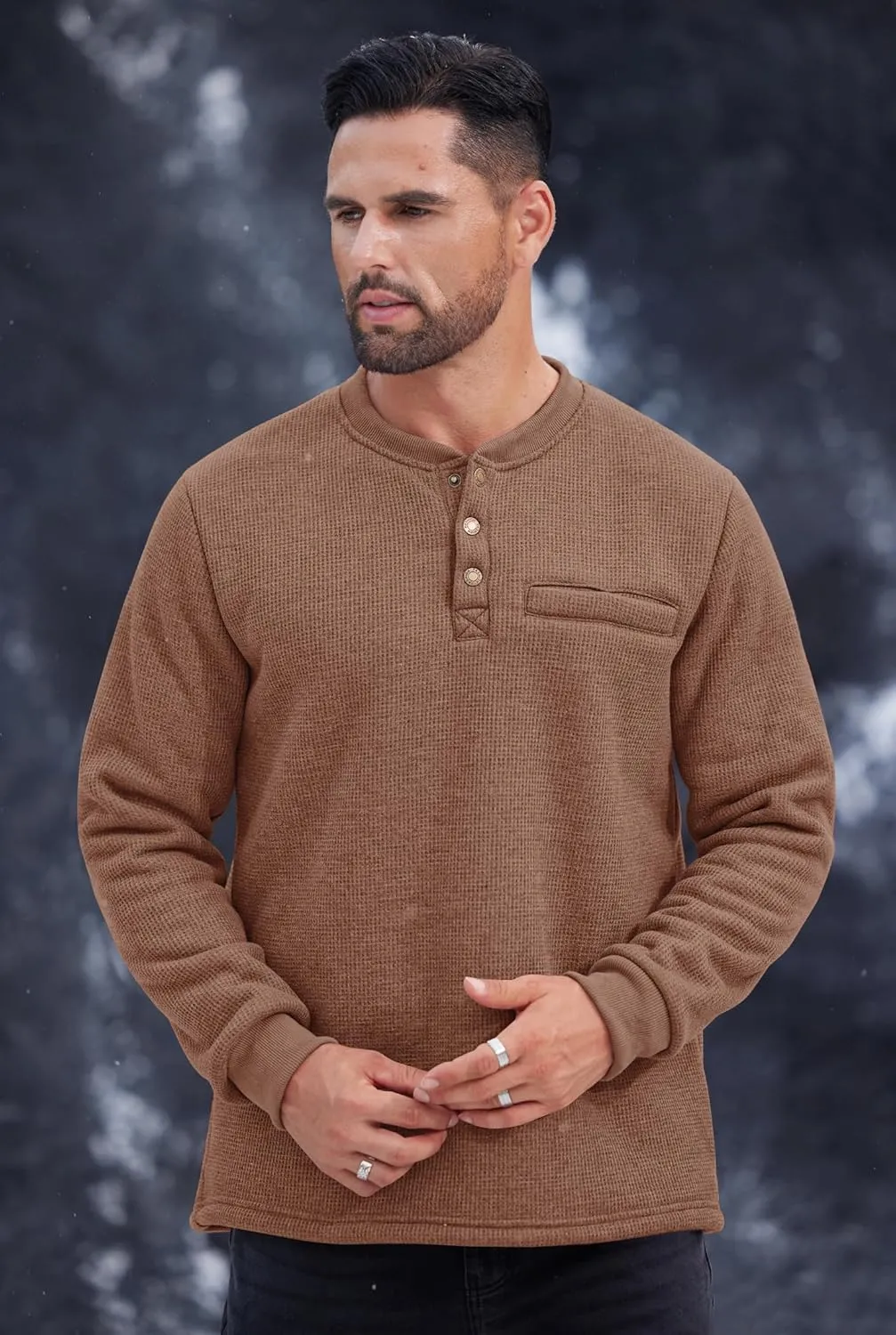 Sherpa Lined Waffle Henley for Men Long Sleeve Thermal Casual Winter Pullover (S-XXL)