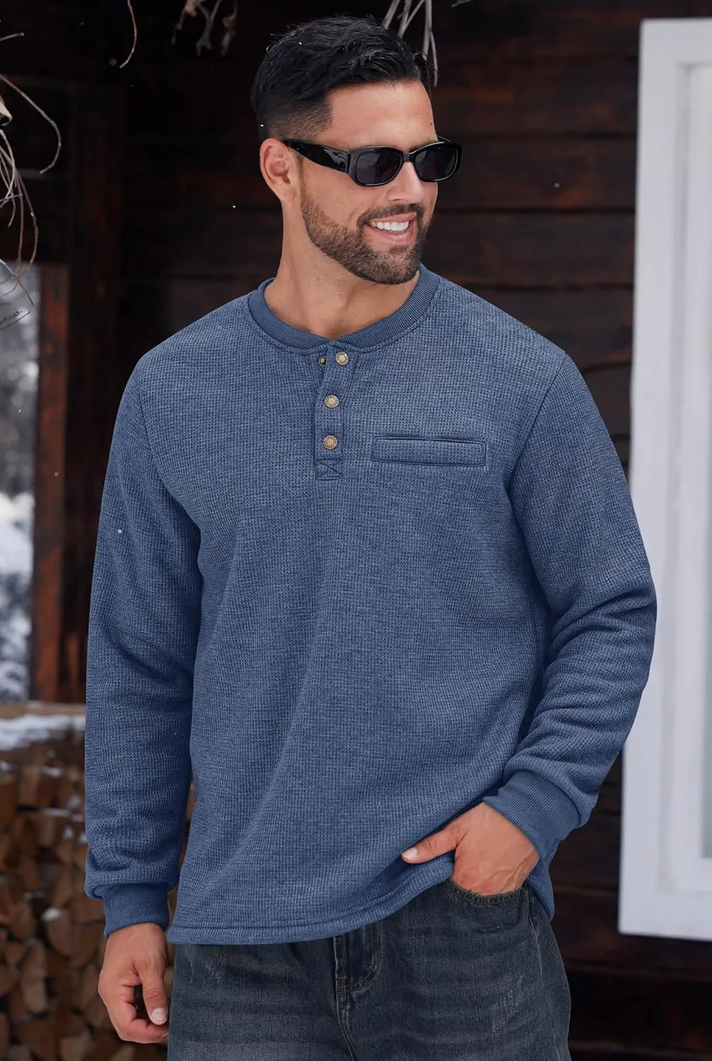 Sherpa Lined Waffle Henley for Men Long Sleeve Thermal Casual Winter Pullover (S-XXL)