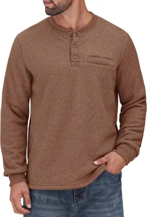 Sherpa Lined Waffle Henley for Men Long Sleeve Thermal Casual Winter Pullover (S-XXL)