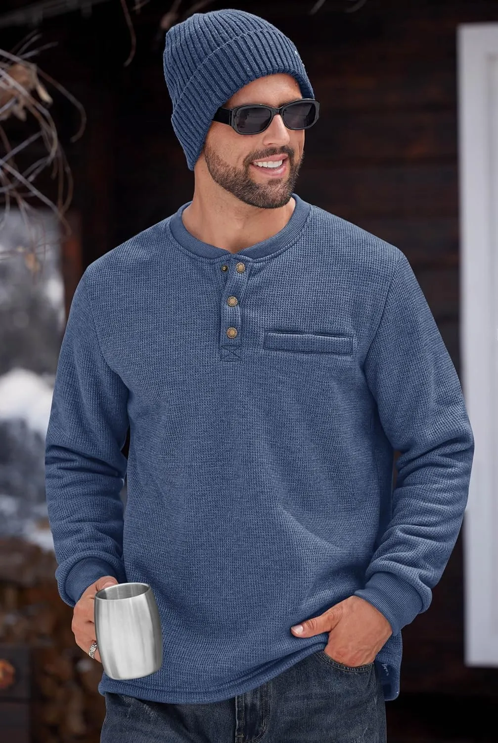 Sherpa Lined Waffle Henley for Men Long Sleeve Thermal Casual Winter Pullover (S-XXL)