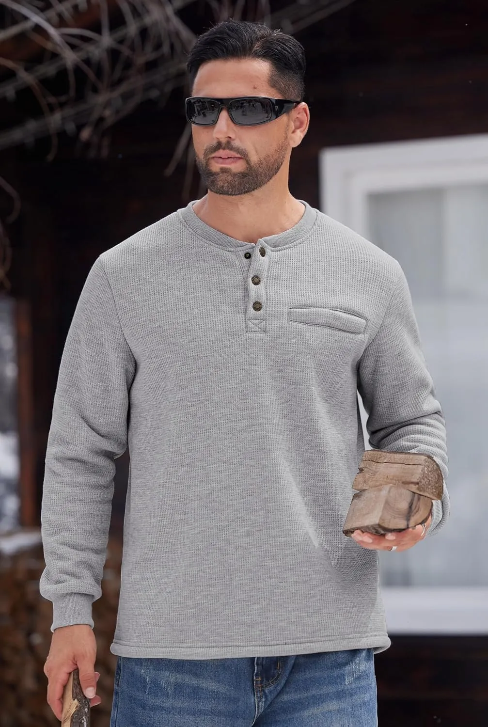 Sherpa Lined Waffle Henley for Men Long Sleeve Thermal Casual Winter Pullover (S-XXL)
