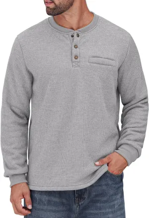 Sherpa Lined Waffle Henley for Men Long Sleeve Thermal Casual Winter Pullover (S-XXL)