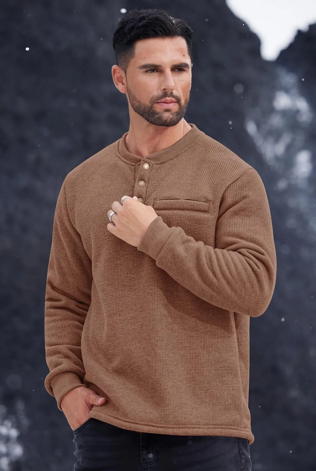Sherpa Lined Waffle Henley for Men Long Sleeve Thermal Casual Winter Pullover (S-XXL)