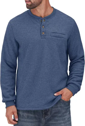 Sherpa Lined Waffle Henley for Men Long Sleeve Thermal Casual Winter Pullover (S-XXL)