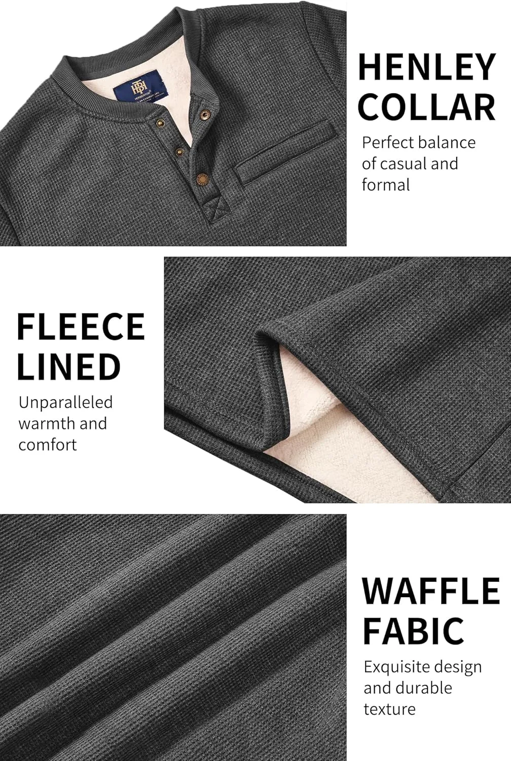 Sherpa Lined Waffle Henley for Men Long Sleeve Thermal Casual Winter Pullover (S-XXL)