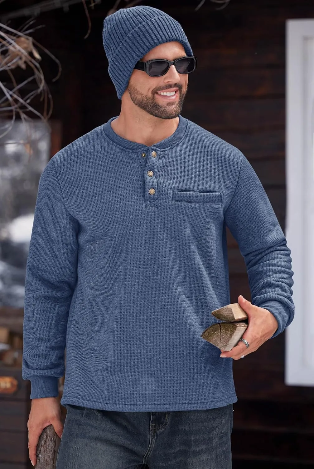 Sherpa Lined Waffle Henley for Men Long Sleeve Thermal Casual Winter Pullover (S-XXL)