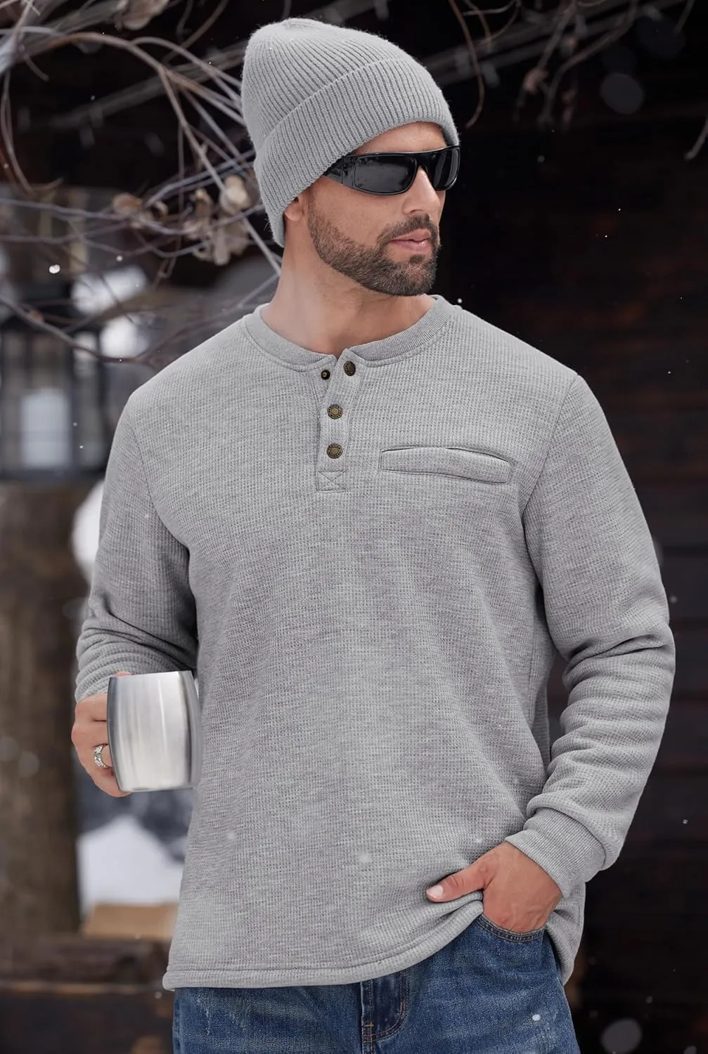 Sherpa Lined Waffle Henley for Men Long Sleeve Thermal Casual Winter Pullover (S-XXL)
