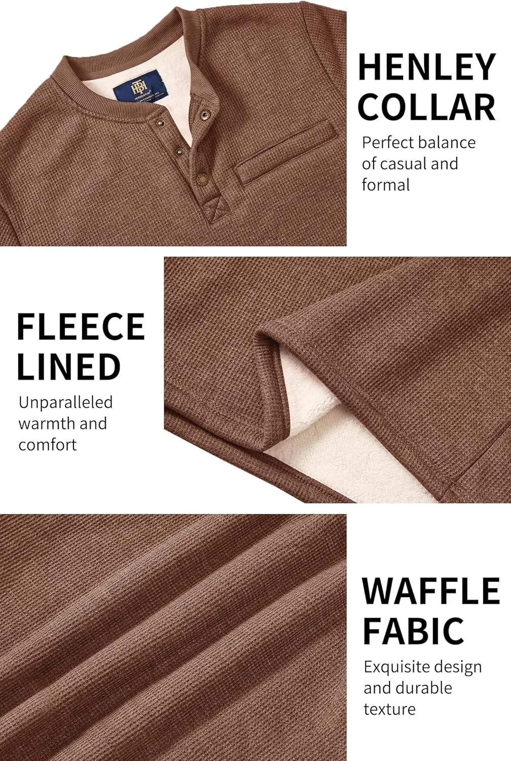 Sherpa Lined Waffle Henley for Men Long Sleeve Thermal Casual Winter Pullover (S-XXL)