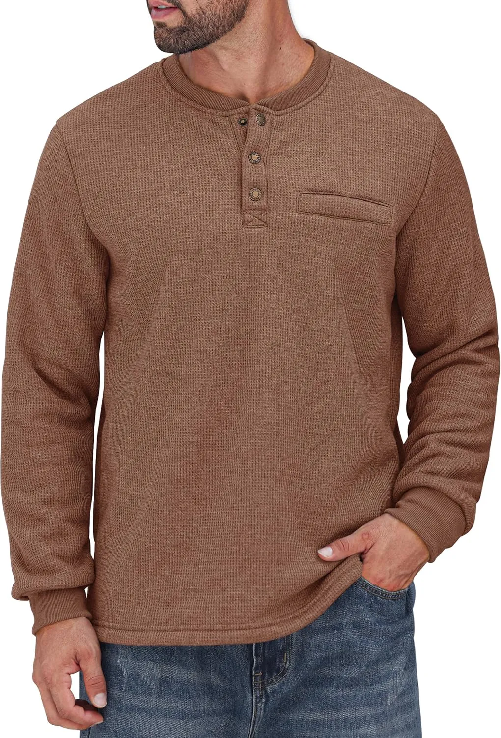 Sherpa Lined Waffle Henley for Men Long Sleeve Thermal Casual Winter Pullover (S-XXL)