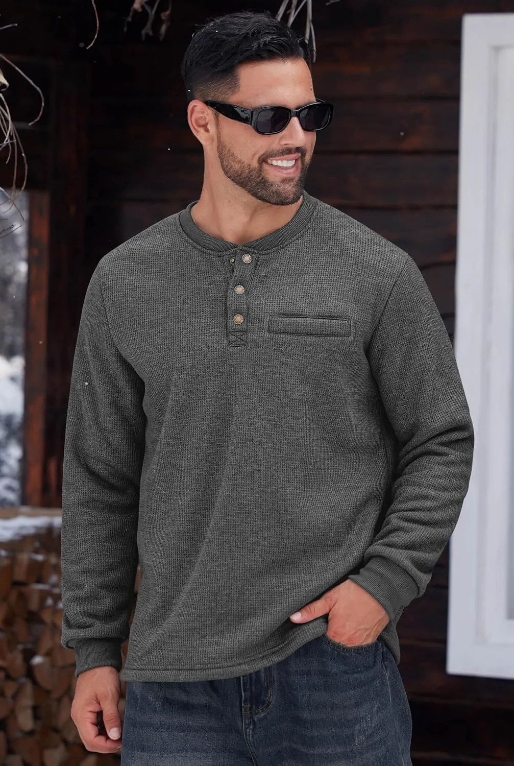 Sherpa Lined Waffle Henley for Men Long Sleeve Thermal Casual Winter Pullover (S-XXL)