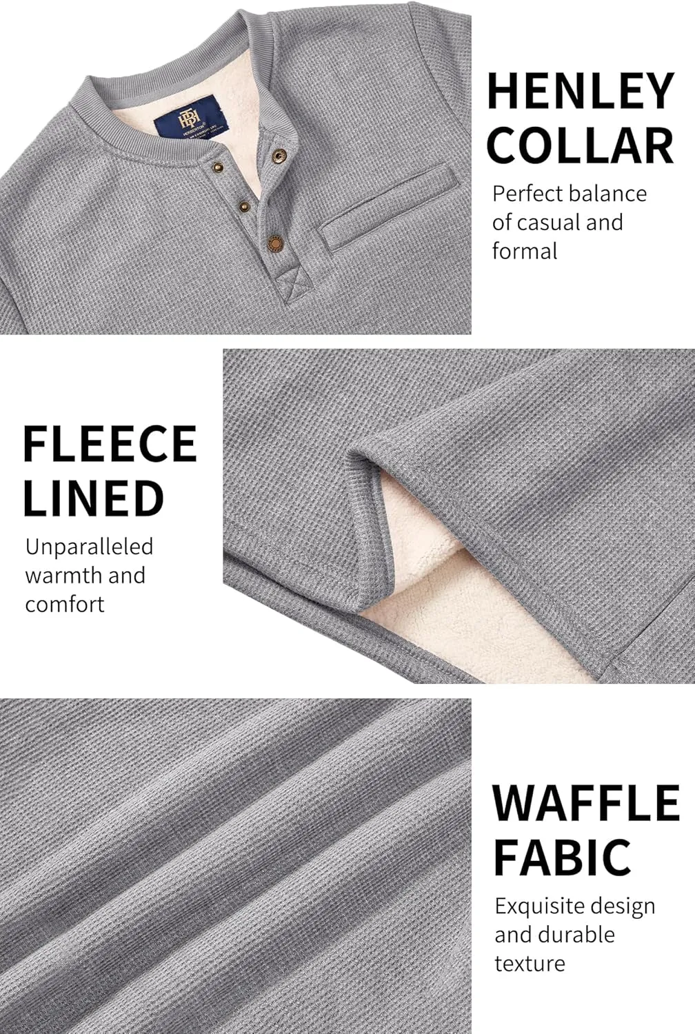 Sherpa Lined Waffle Henley for Men Long Sleeve Thermal Casual Winter Pullover (S-XXL)