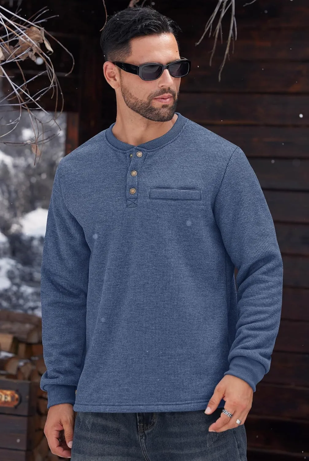 Sherpa Lined Waffle Henley for Men Long Sleeve Thermal Casual Winter Pullover (S-XXL)