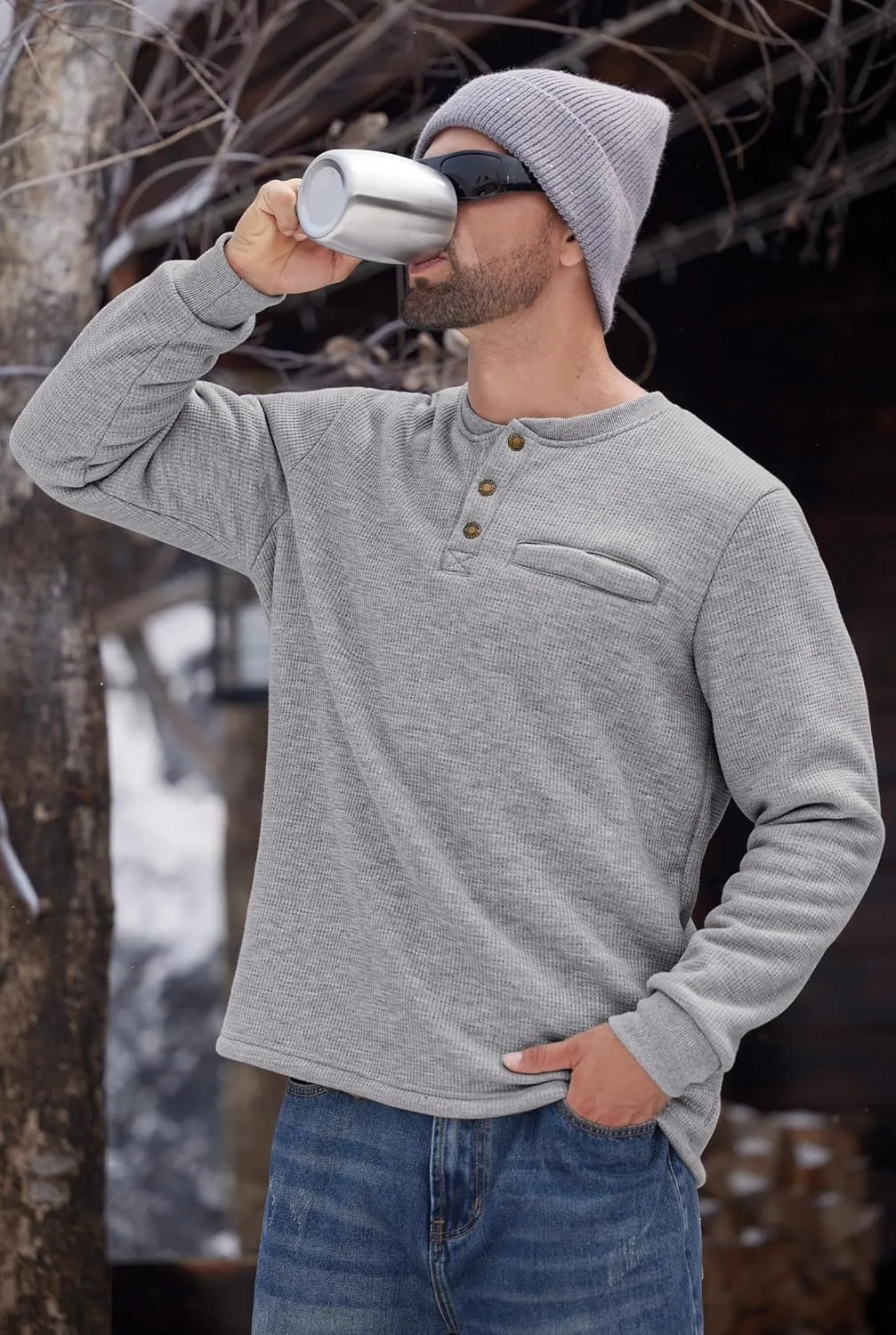 Sherpa Lined Waffle Henley for Men Long Sleeve Thermal Casual Winter Pullover (S-XXL)