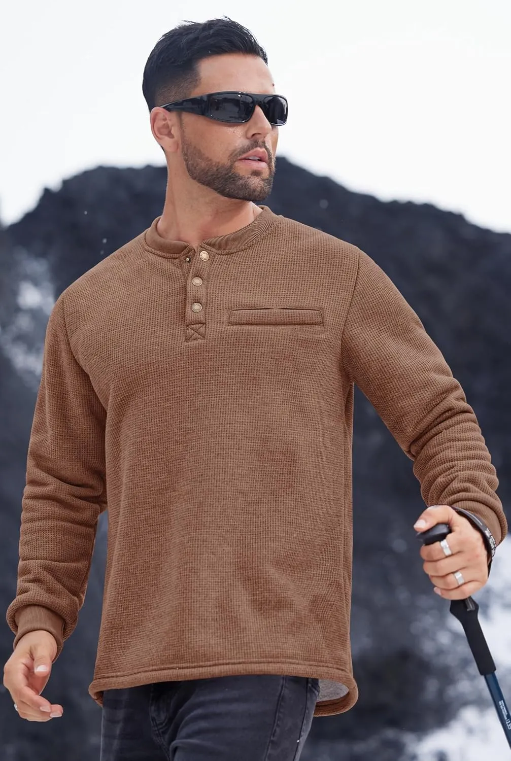 Sherpa Lined Waffle Henley for Men Long Sleeve Thermal Casual Winter Pullover (S-XXL)