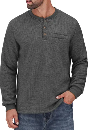 Sherpa Lined Waffle Henley for Men Long Sleeve Thermal Casual Winter Pullover (S-XXL)
