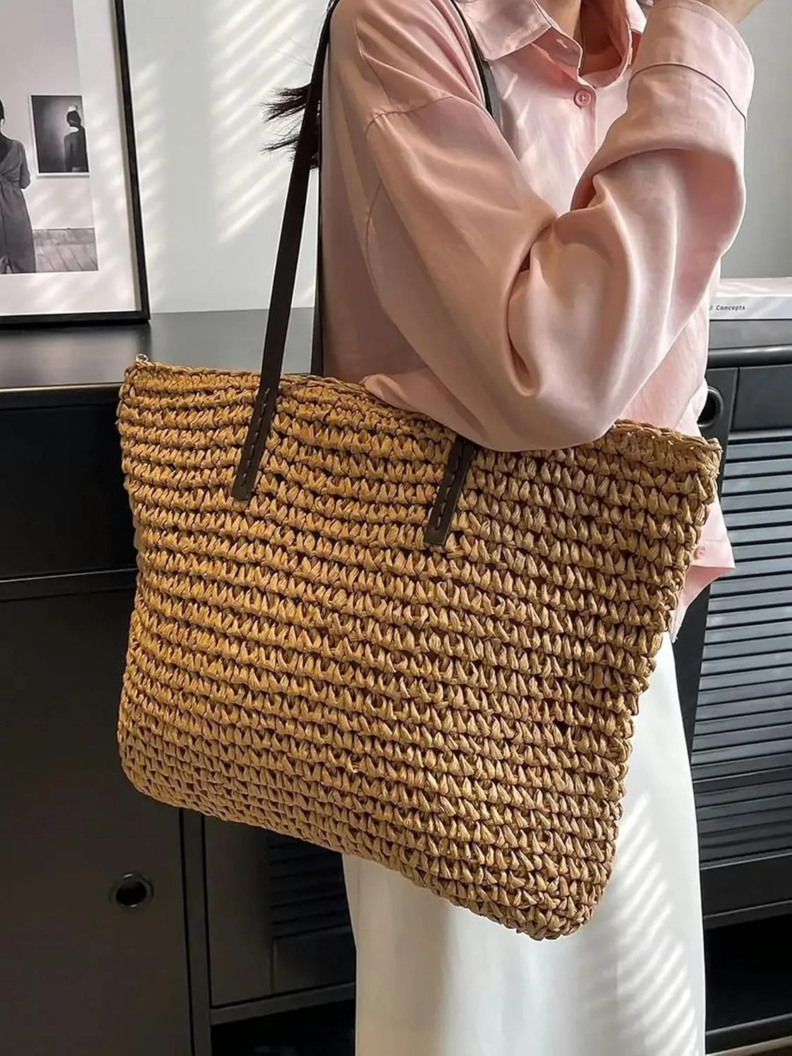 Shopping Bag Straw Handbag Summer Casual Large Capacity Tote Bag Beach Women One Shoulder Simple Style Shopping Bag