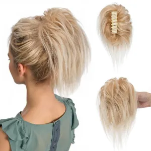Short Claw Clip Ponytail Extension, Messy Bun Hair Piece,100% Real Human Hair,6 Inch, #18P613 Blonde & Bleach Blonde