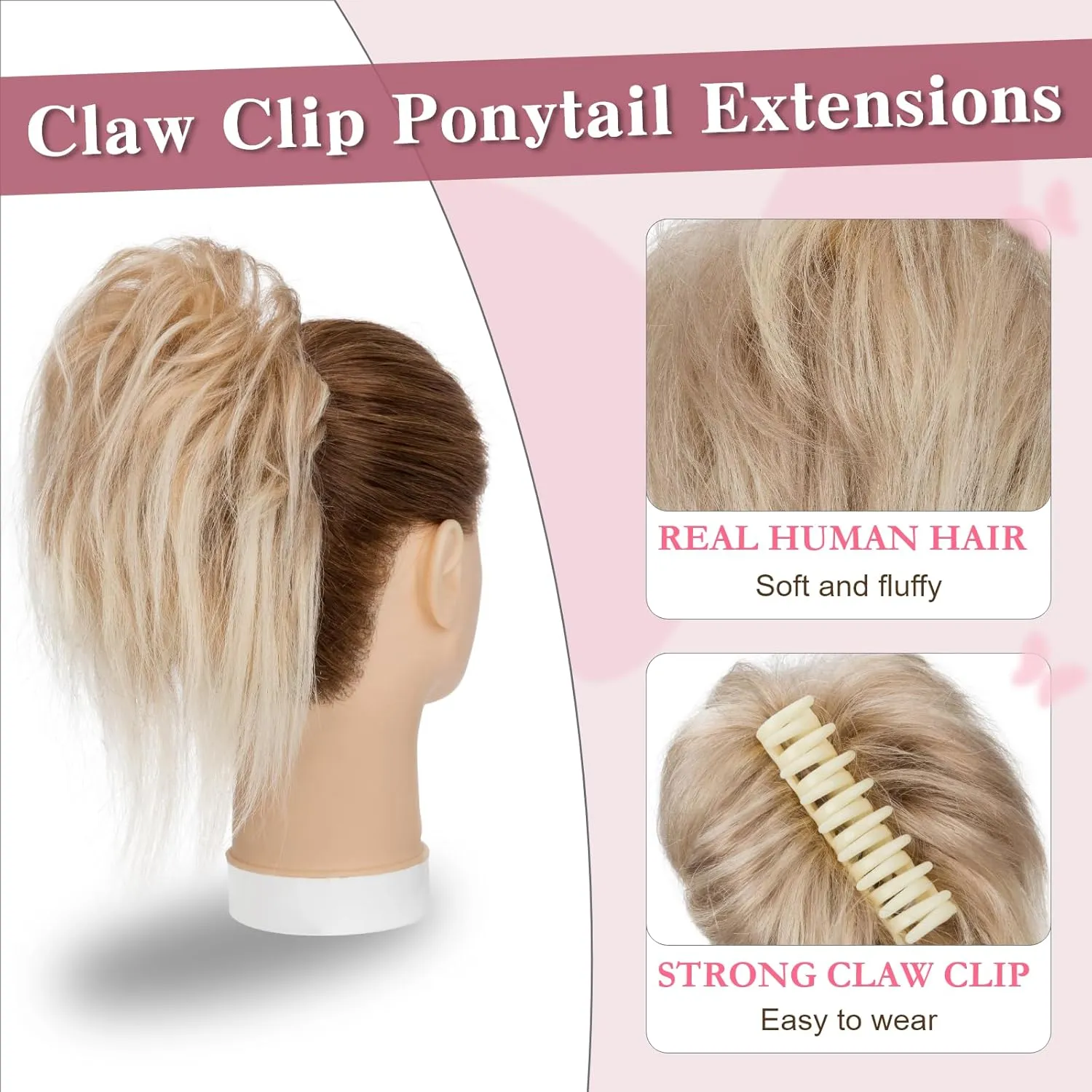 Short Claw Clip Ponytail Extension, Messy Bun Hair Piece,100% Real Human Hair,6 Inch, #18P613 Blonde & Bleach Blonde