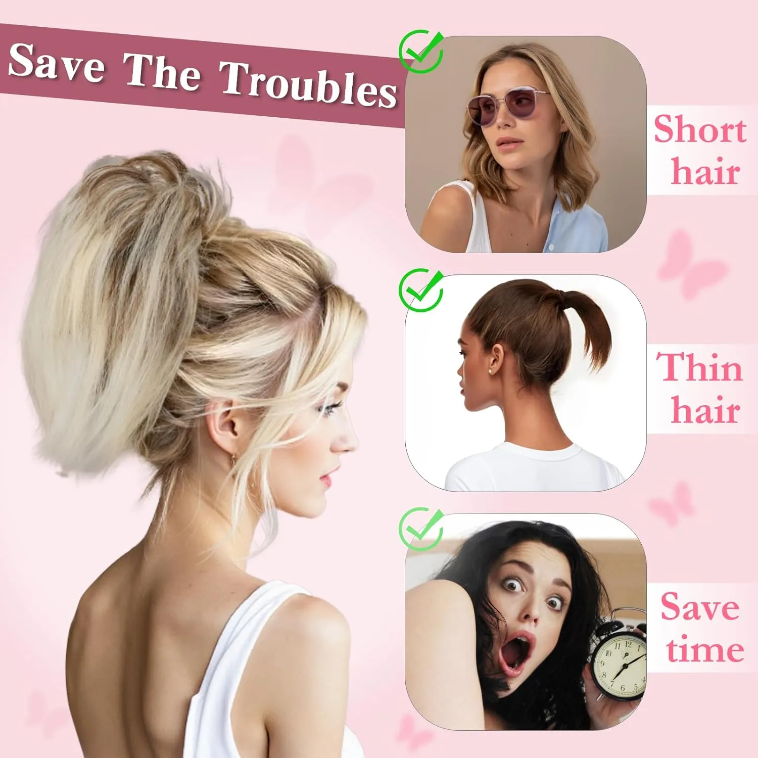 Short Claw Clip Ponytail Extension, Messy Bun Hair Piece,100% Real Human Hair,6 Inch, #18P613 Blonde & Bleach Blonde