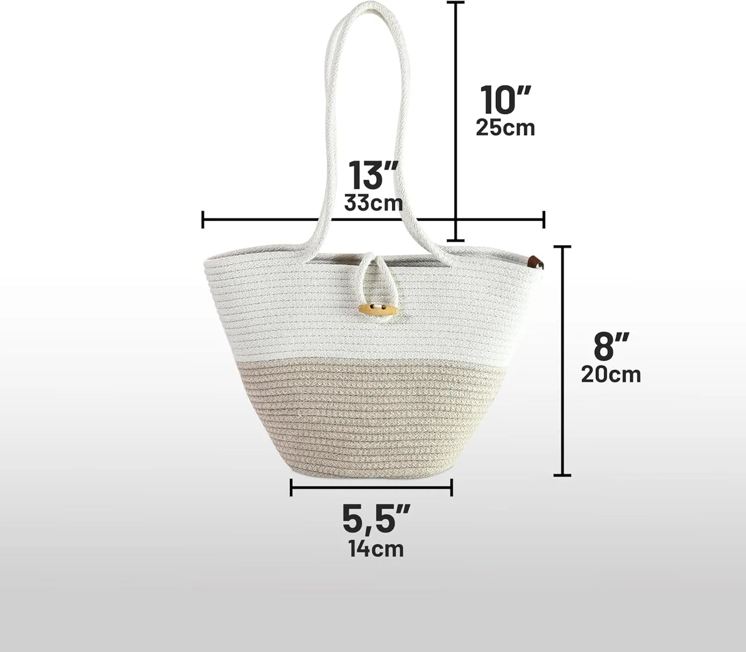 Shoulder and Hand Bag for Women, Handmade by Braided Cotton Cord, Set of 2, Bag Sizes 15”x9” and 13”x8”, Beige/Off-White