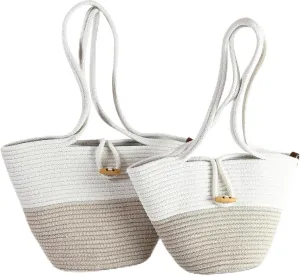 Shoulder and Hand Bag for Women, Handmade by Braided Cotton Cord, Set of 2, Bag Sizes 15”x9” and 13”x8”, Beige/Off-White
