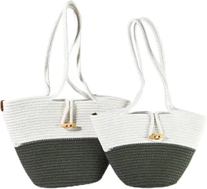 Shoulder and Hand Bag for Women, Handmade by Braided Cotton Cord, Set of 2, Bag Sizes 15”x9” and 13”x8”, Beige/Off-White