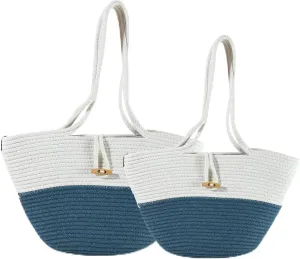 Shoulder and Hand Bag for Women, Handmade by Braided Cotton Cord, Set of 2, Bag Sizes 15”x9” and 13”x8”, Beige/Off-White