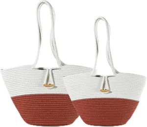 Shoulder and Hand Bag for Women, Handmade by Braided Cotton Cord, Set of 2, Bag Sizes 15”x9” and 13”x8”, Beige/Off-White
