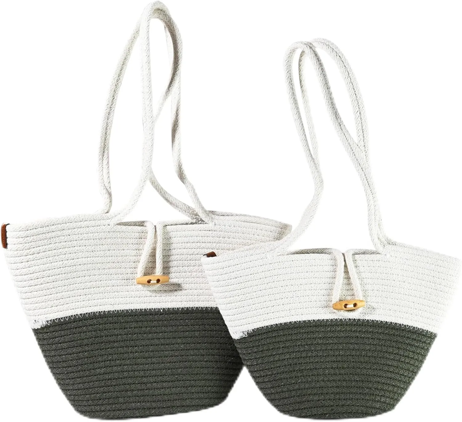Shoulder and Hand Bag for Women, Handmade by Braided Cotton Cord, Set of 2, Bag Sizes 15”x9” and 13”x8”, Beige/Off-White