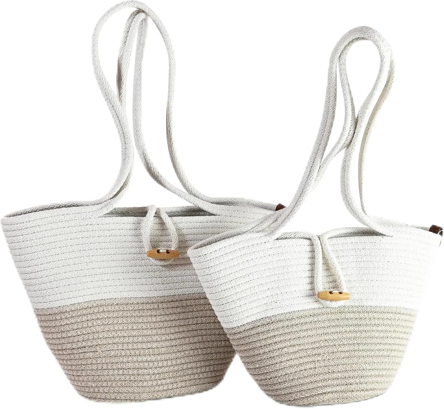 Shoulder and Hand Bag for Women, Handmade by Braided Cotton Cord, Set of 2, Bag Sizes 15”x9” and 13”x8”, Beige/Off-White